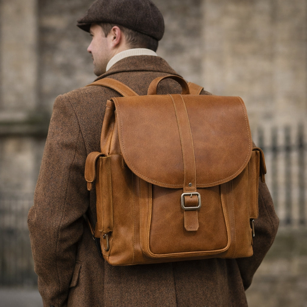 male weraing a large soft tan leather backpack walking away in front of an old brick building