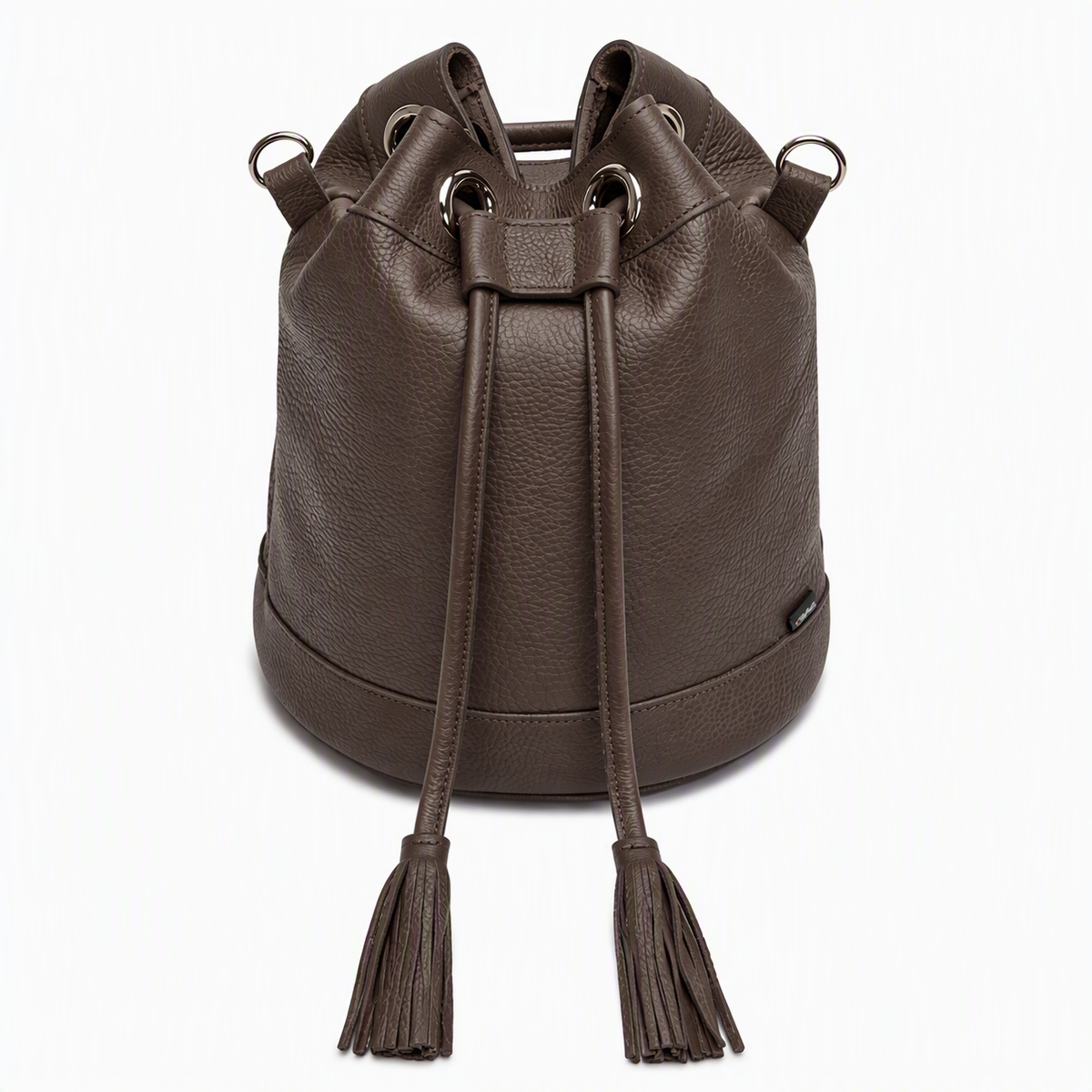 A dark brown pebbled leather bucket bag with drawstring closure and tassel details, shown against a plain white background.