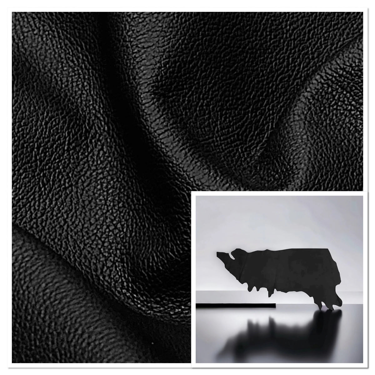 Black textured leather material swatch shown in a close-up fabric texture panel, with a small inset photo of a black bull silhouette sculpture on a reflective surface.