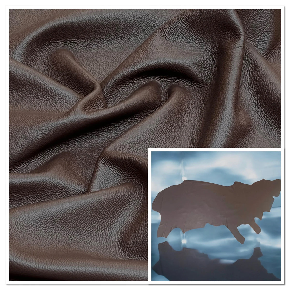 Brown textured leather fabric shown in a draped close-up, with a small inset showing a map-shaped sample on a blue reflective surface.