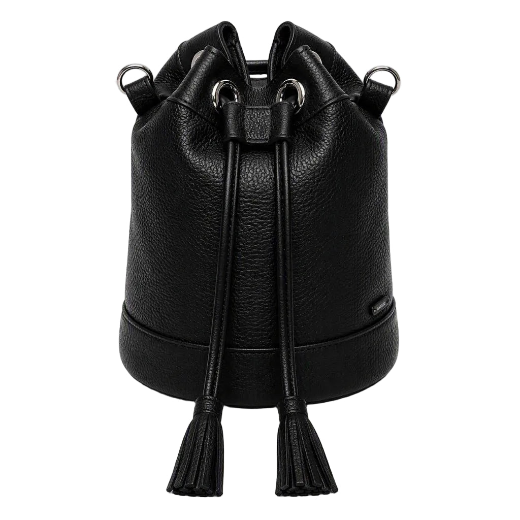 Black pebbled leather drawstring bucket bag with silver-tone metal hardware and tassel details, shown against a plain white background.