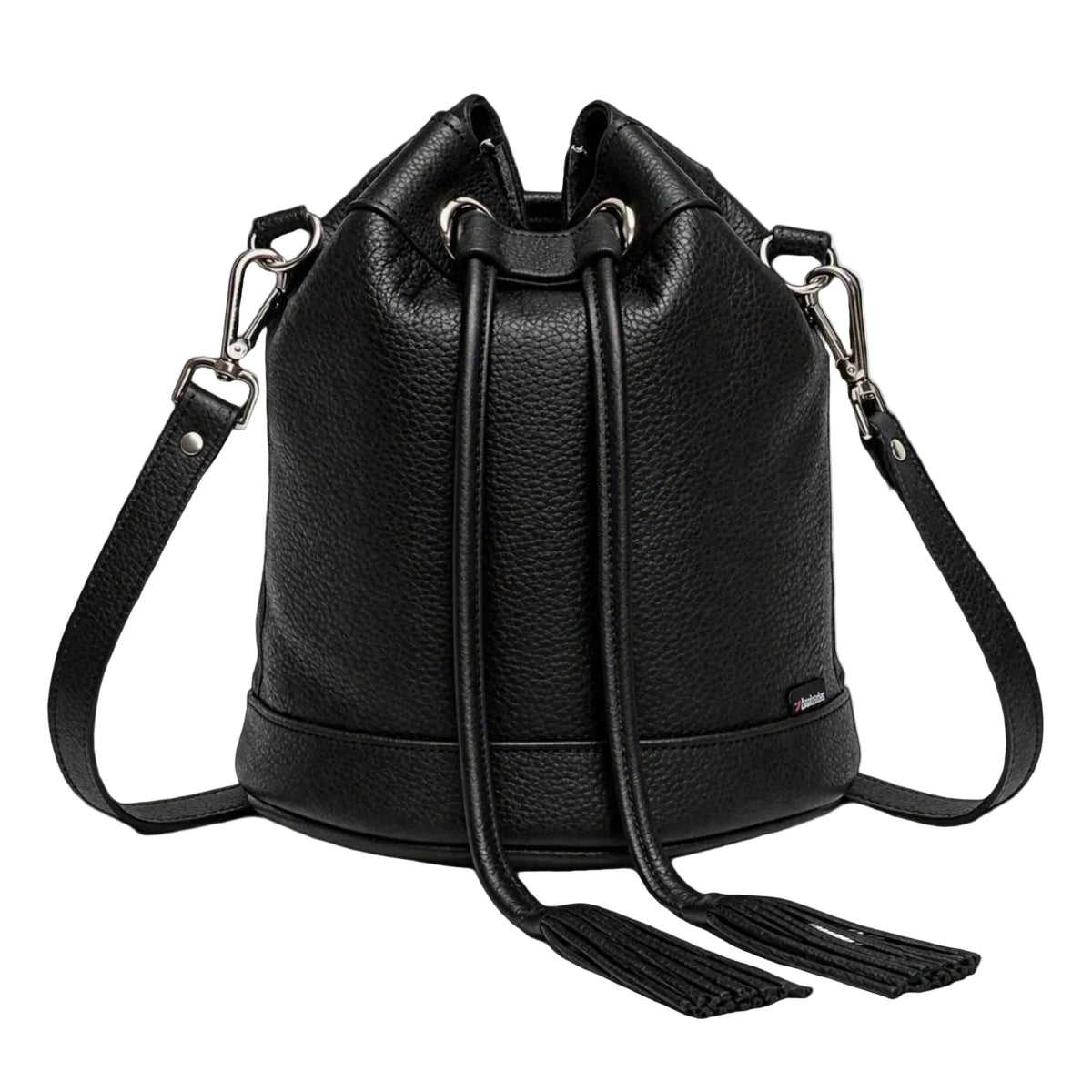 black slouchy bucket bag on white background
