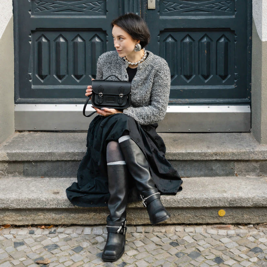 Woman sitting on steps holding a black handbag, wearing a gray coat and black rain boots.
