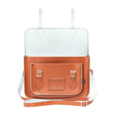 Th eimage shows a photo of a burnt orange coloured leather satchel opened up to show the buckle fastenings