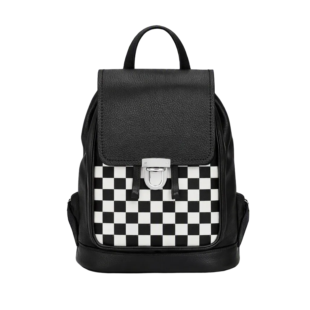 A black backpack with a black and white checkerboard pattern panel on the front flap, a silver metal clasp, and a top handle, shown against a plain white background.