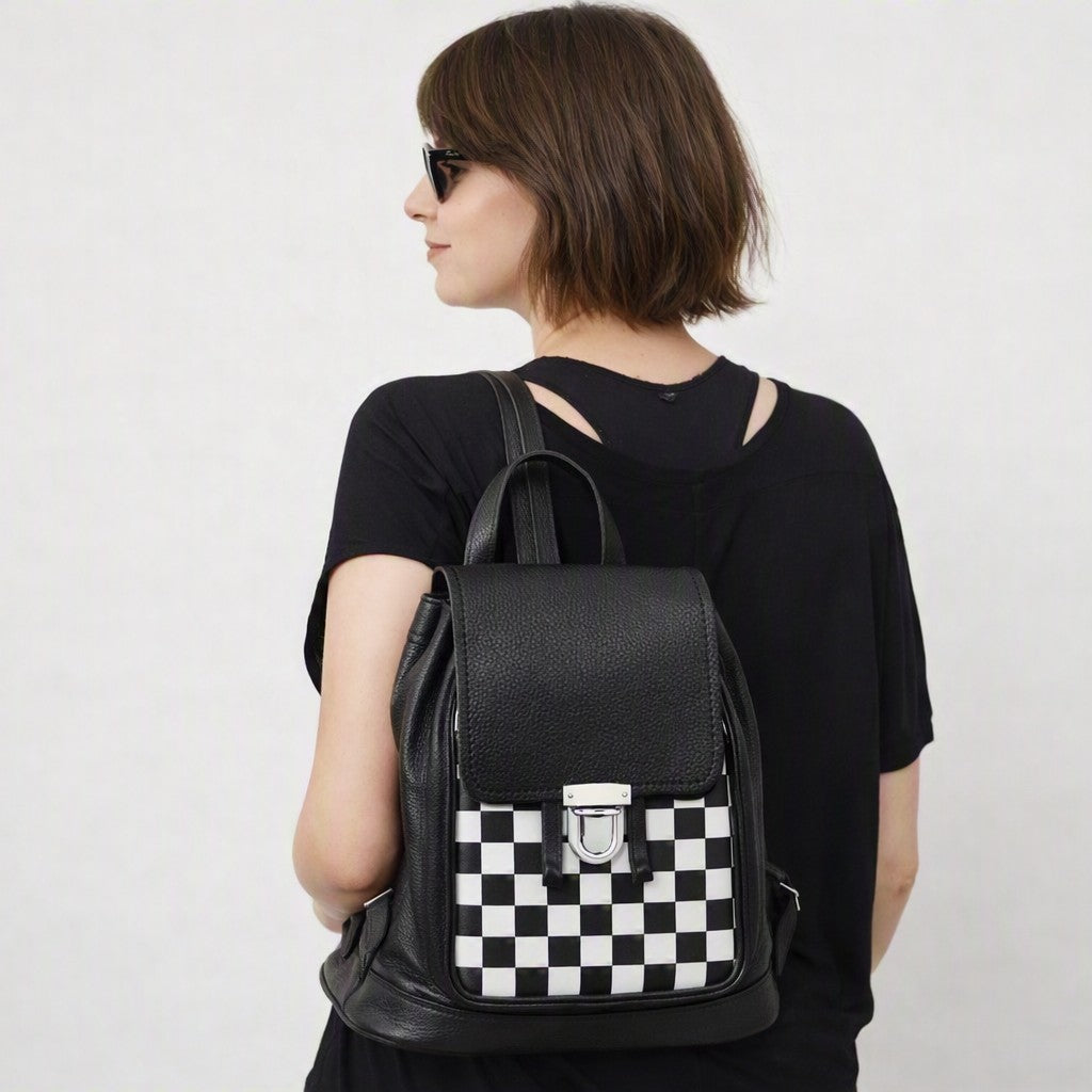 Soft Leather Backpack - Black & White Checkerboard