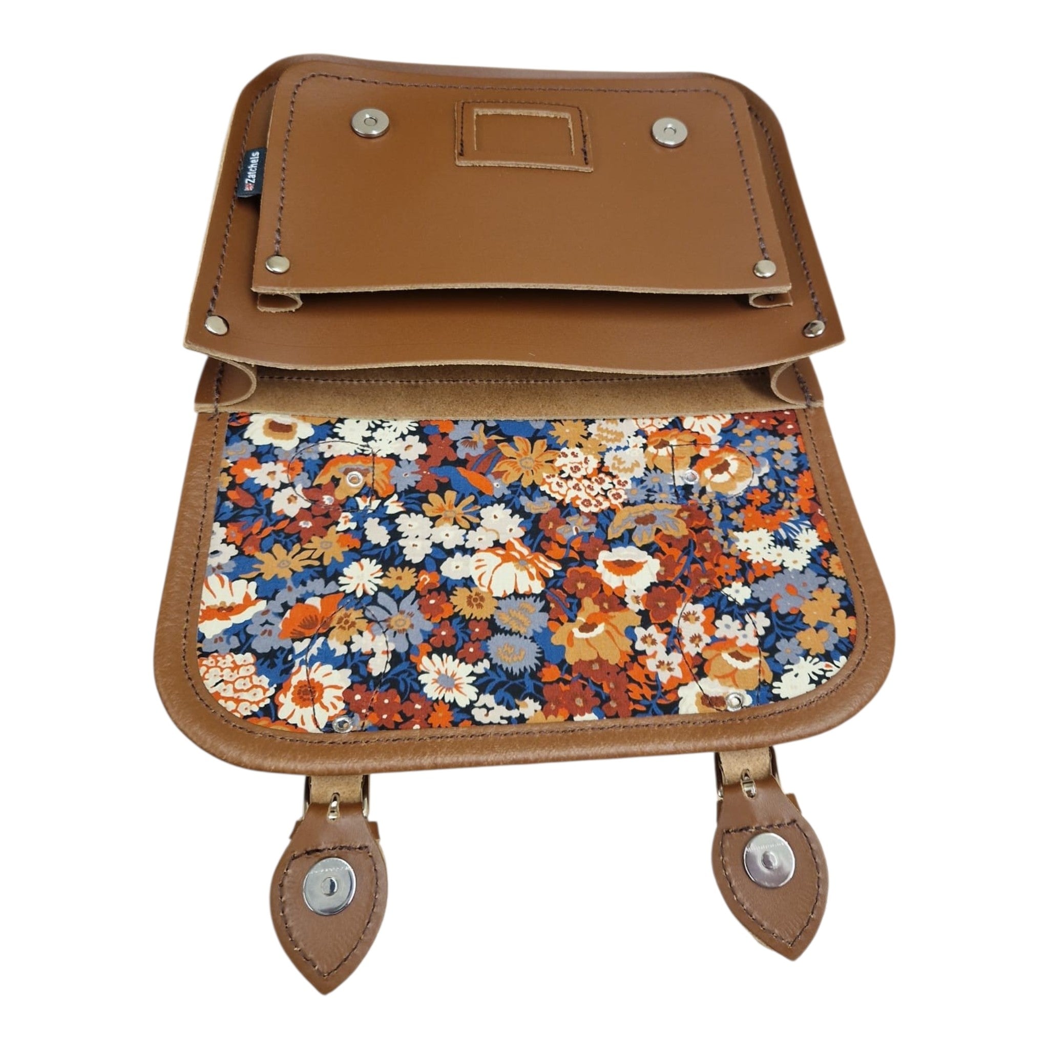 Floral Lined Leather Midi Satchel - Chestnut