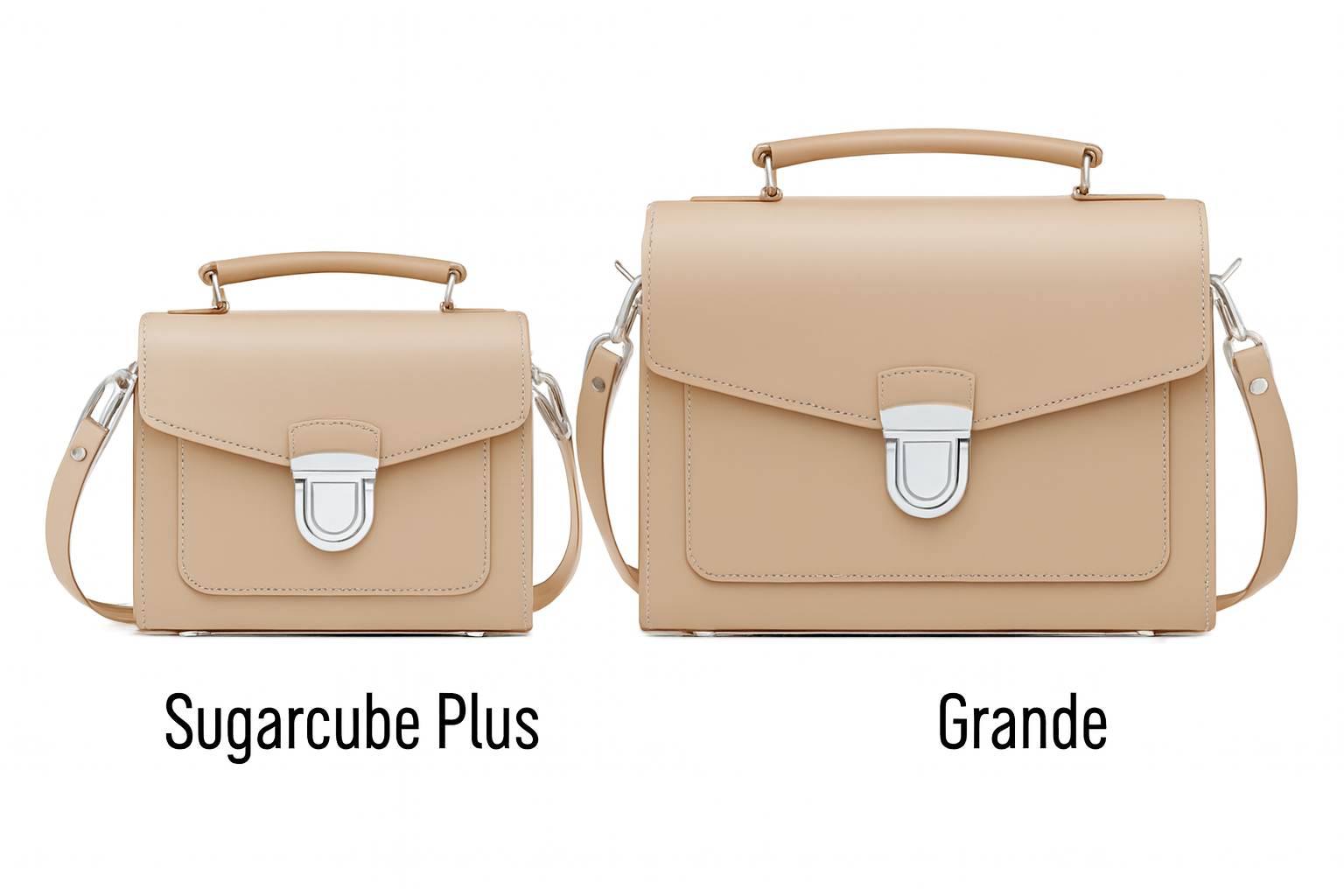 Two beige handbags labeled 'Sugarcube Plus' and 'Grande' on a white background.
