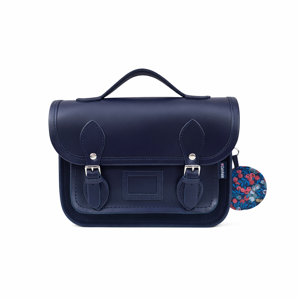 Floral Lined Leather Midi Satchel - Navy
