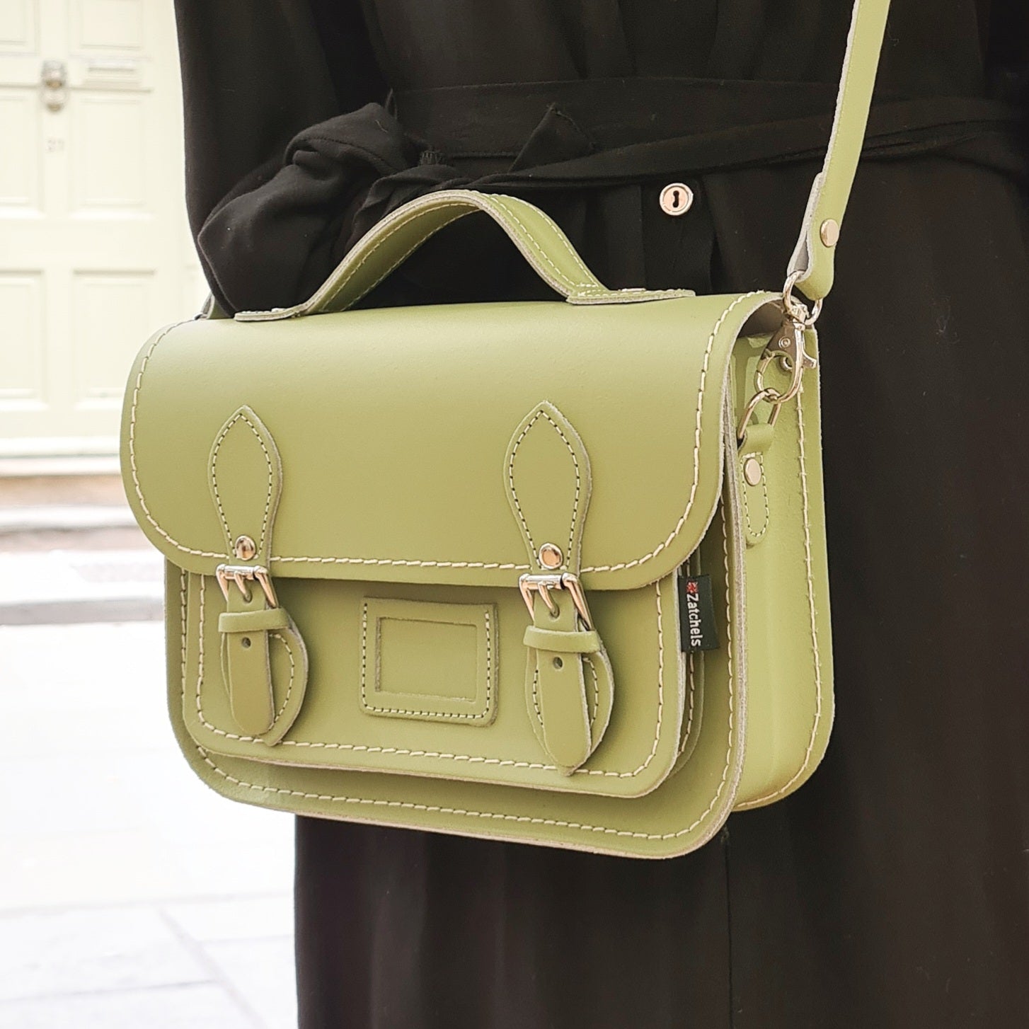 Leather Midi Satchel - Sage Green