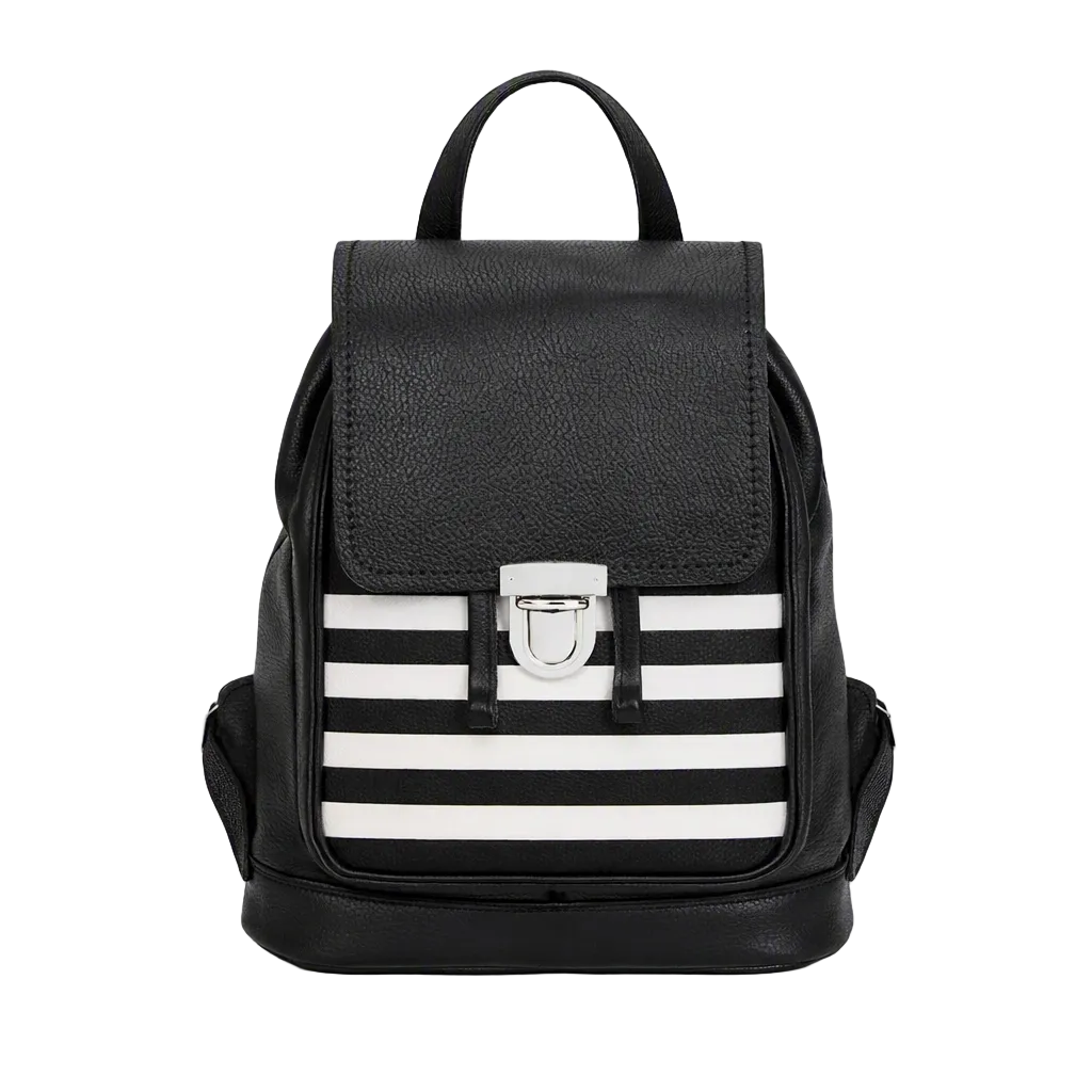 a black leather backpack with a black and white striped front on a plain white background