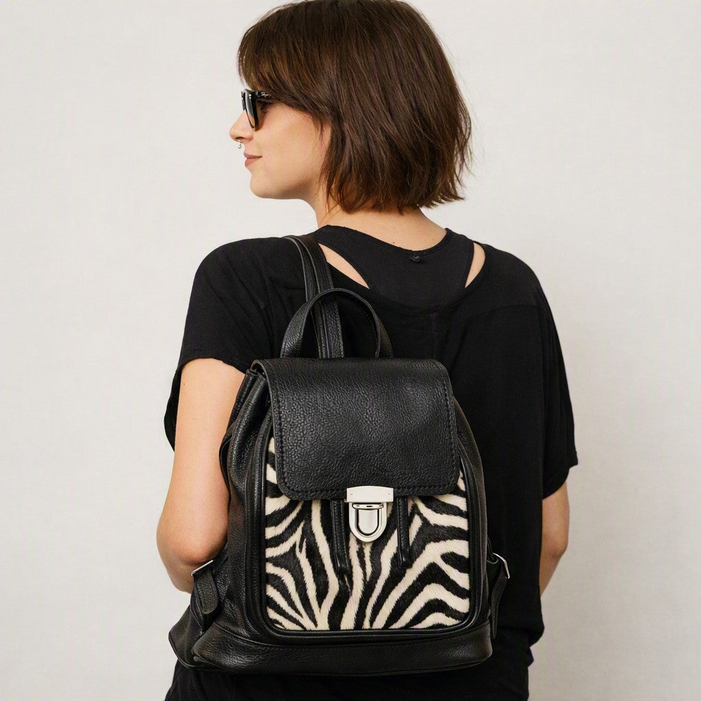 Soft Leather Backpack - Black & White Zebra Print