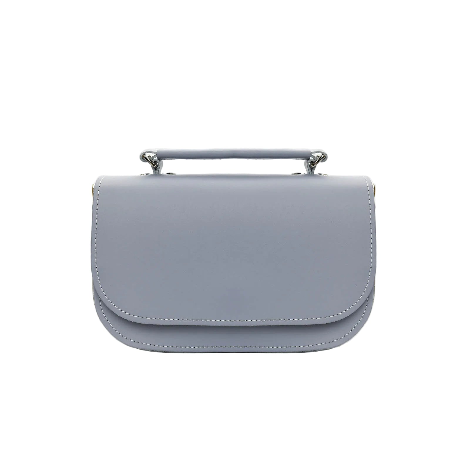 lilac grey small clutch style bag on white background