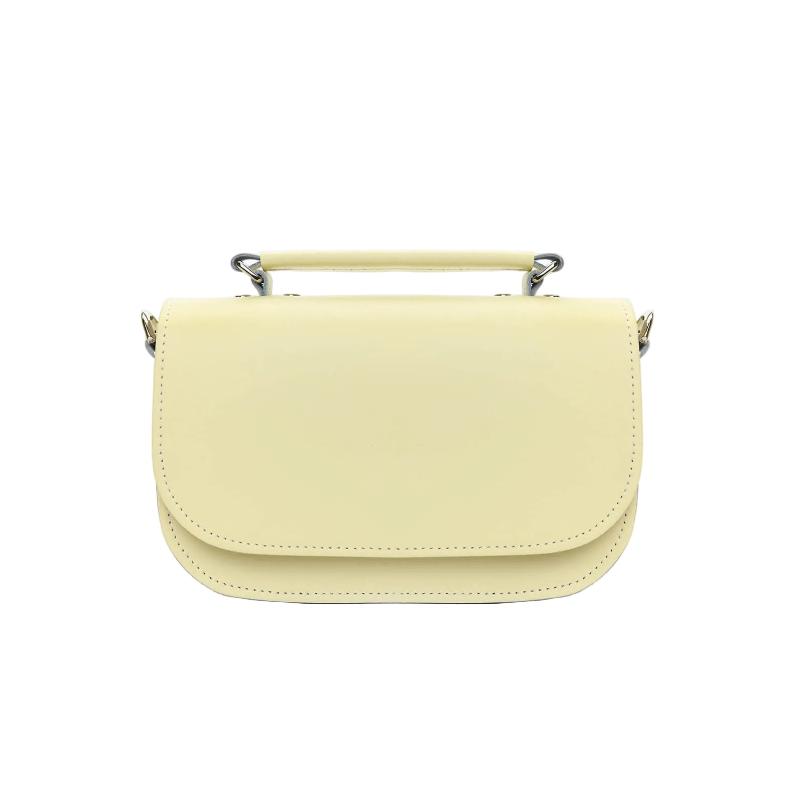 A pastel cream colored handmade leather handbag with cable stitching and silver nickel detailing.