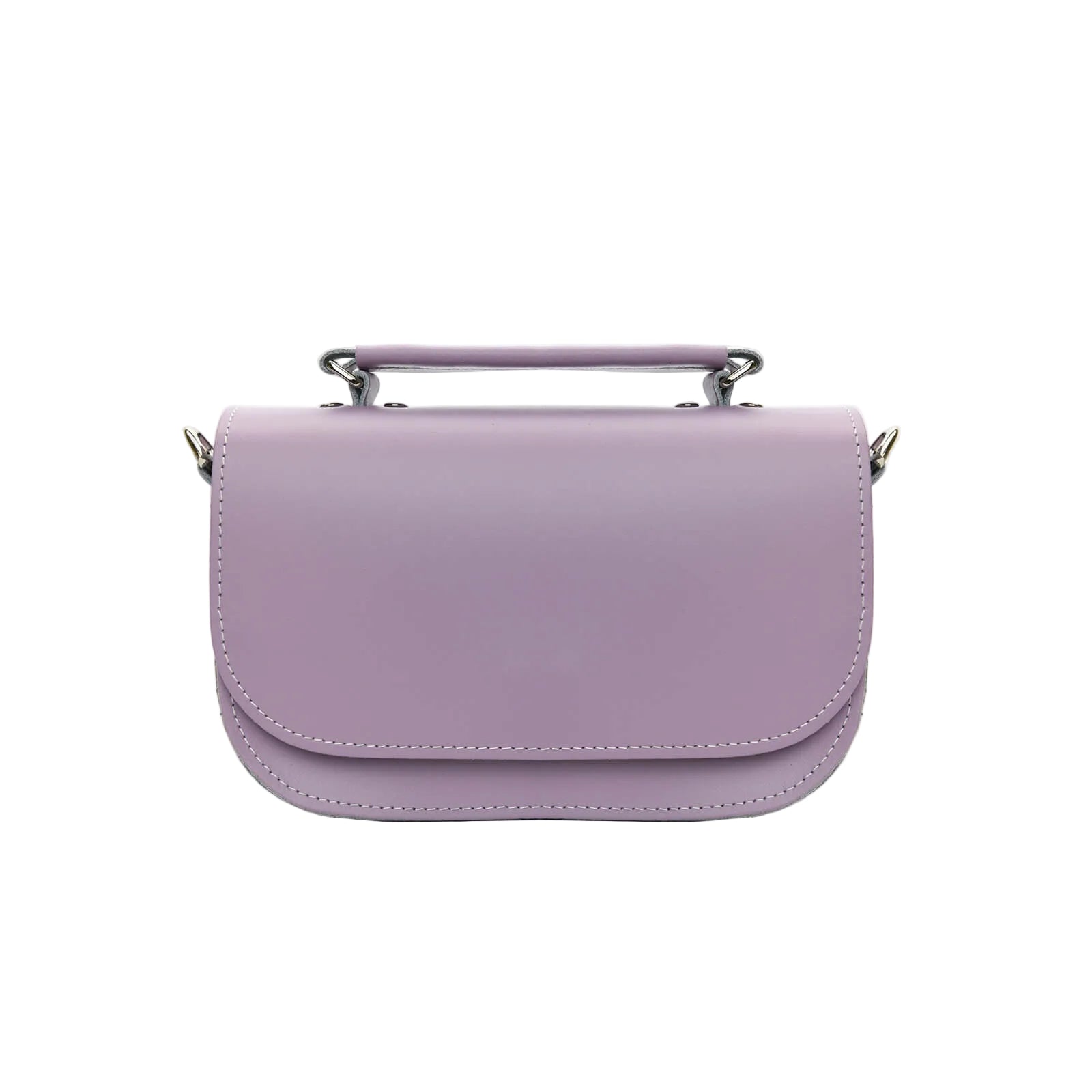 A pastel violet leather handbag with a sleek design, featuring top handle and silver nickel detailing, with a detachable strap.