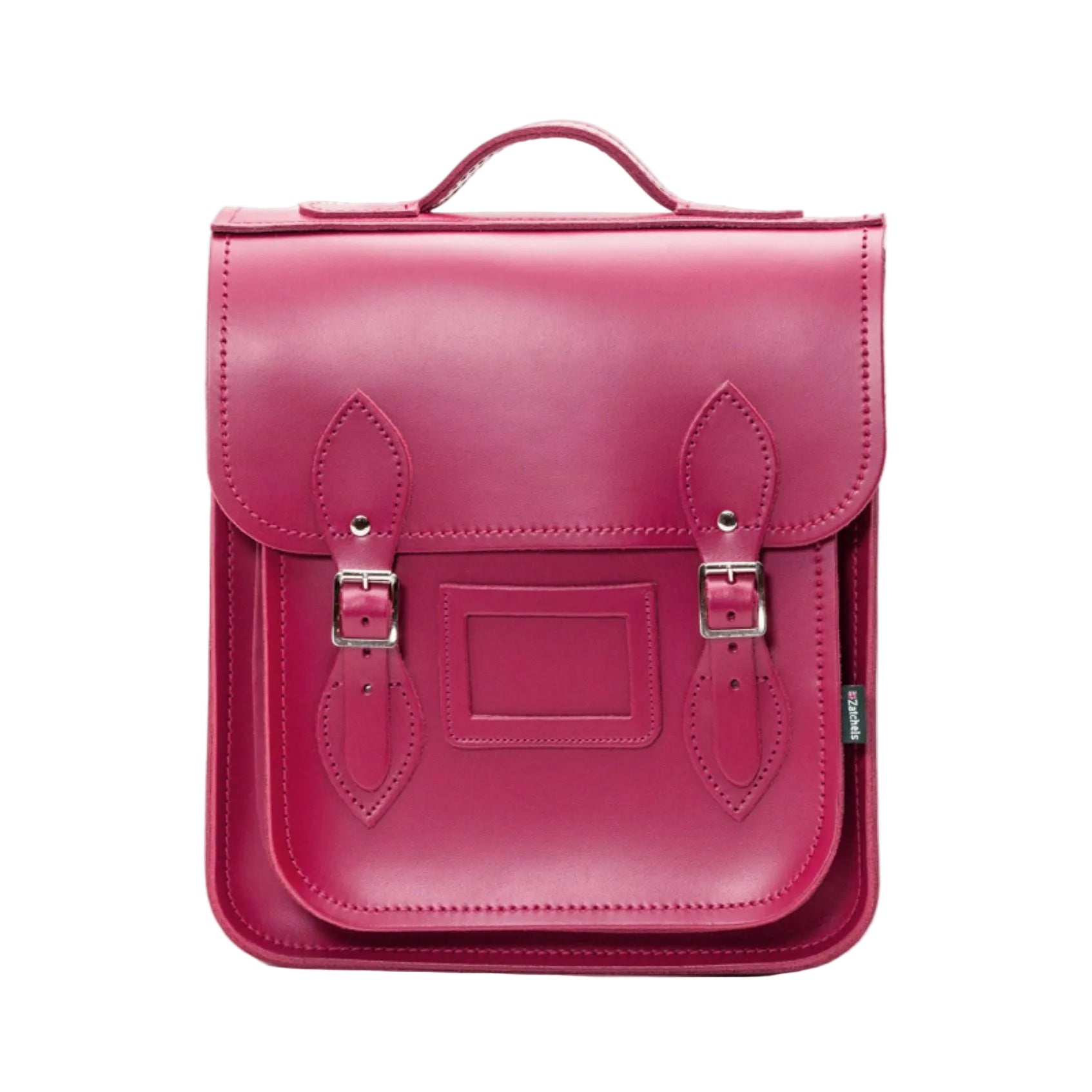 A magenta handmade leather city backpack with silver nickel buckles and adjustable straps.