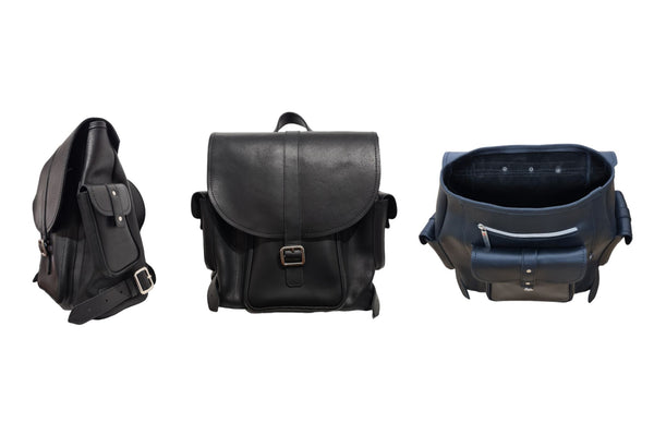 3 images showing a black leather backpack from side, front and above angles