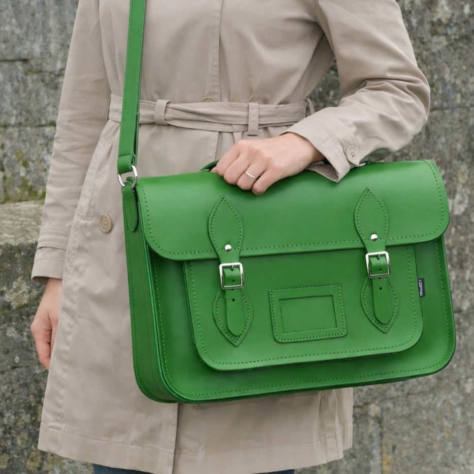 Large Leather Satchel - Green 16'' - In Stock & Ready to Ship