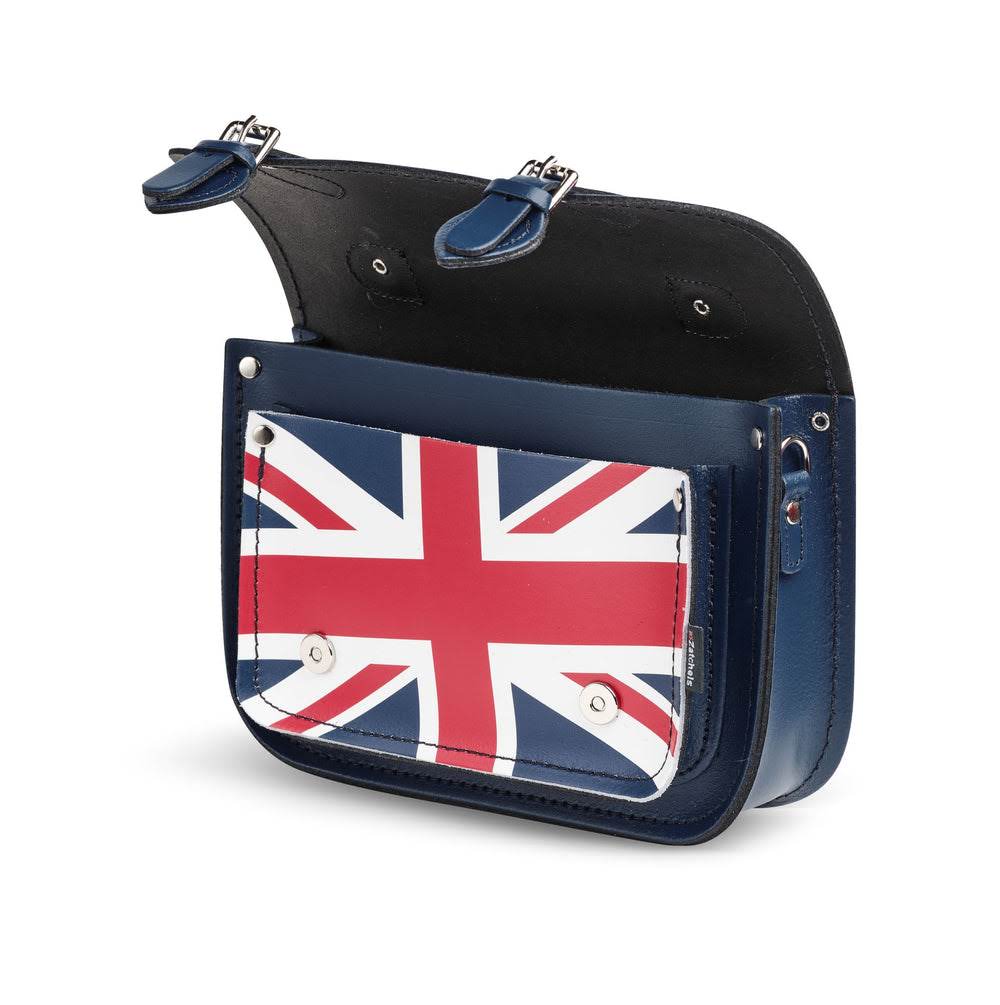 Zatchels Navy Blue Union Jack Handmade Leather Midi Satchel