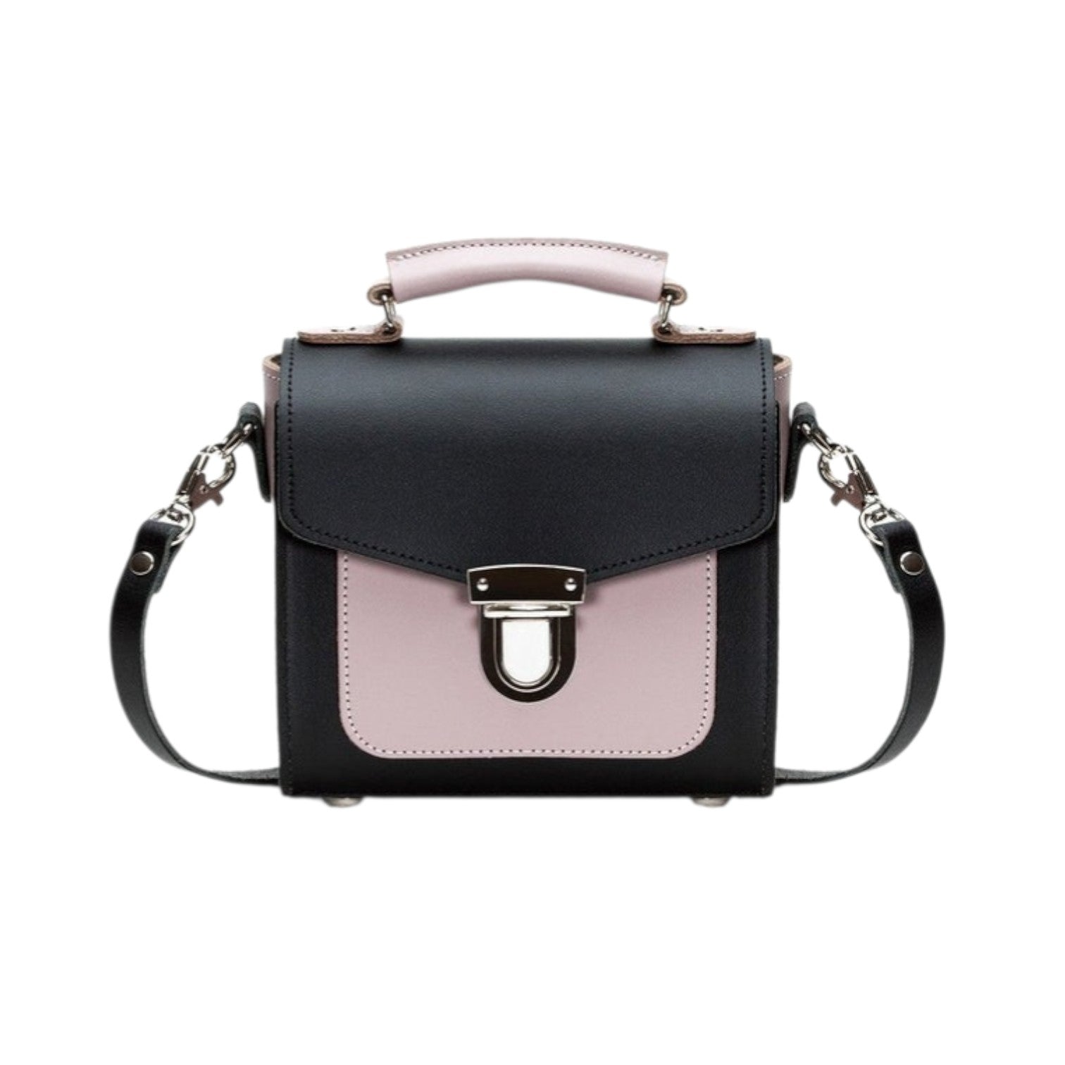 Black and pink handbag with a shoulder strap on a white background