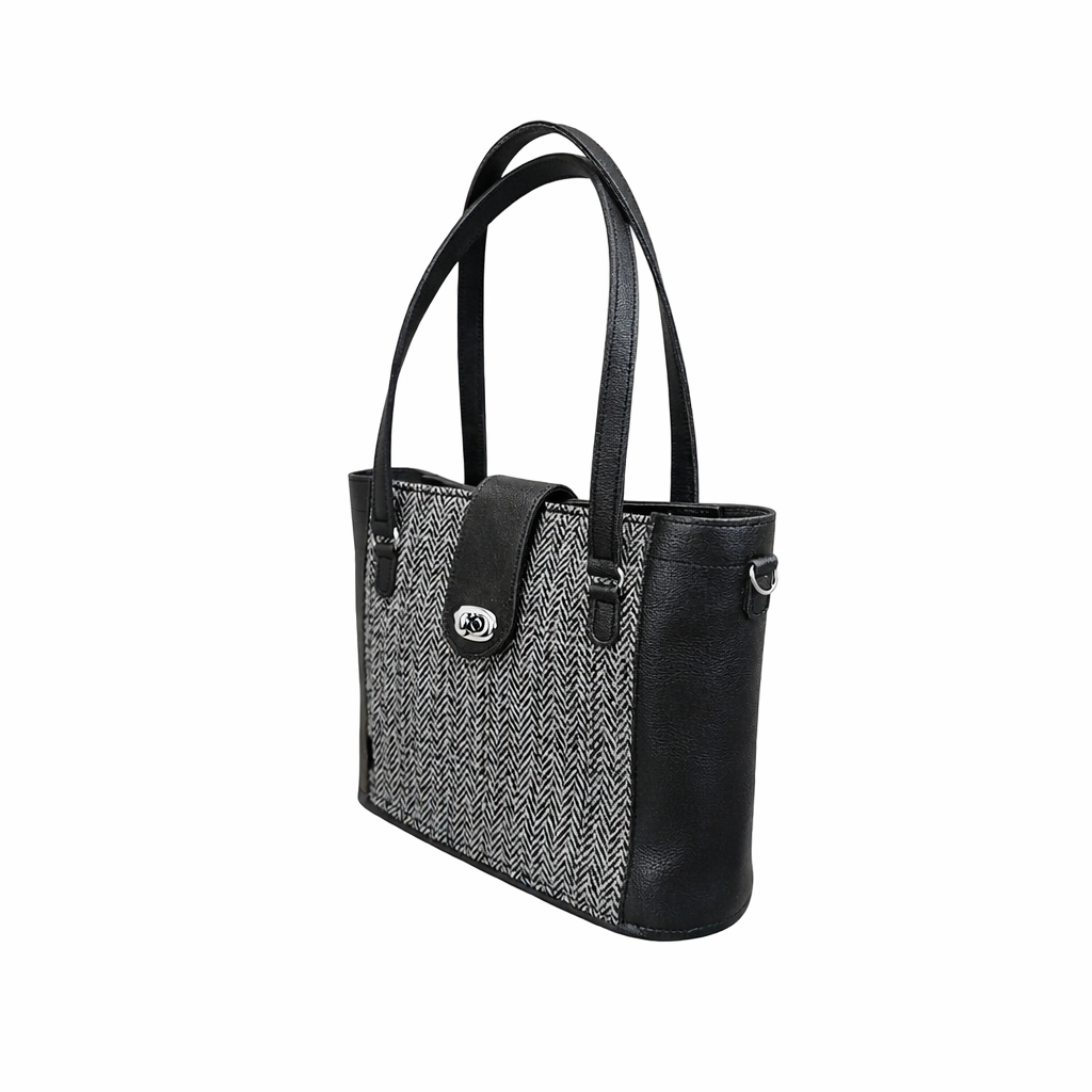 Tannery Tweed & Leather Mini Twist Lock Shopper Bag - Black