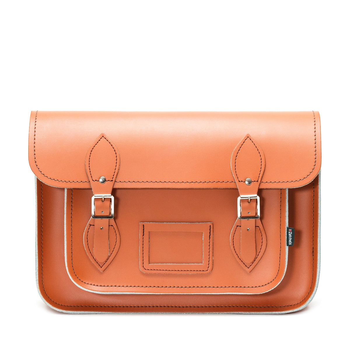 a burnt orange school style satchel on a plain white background