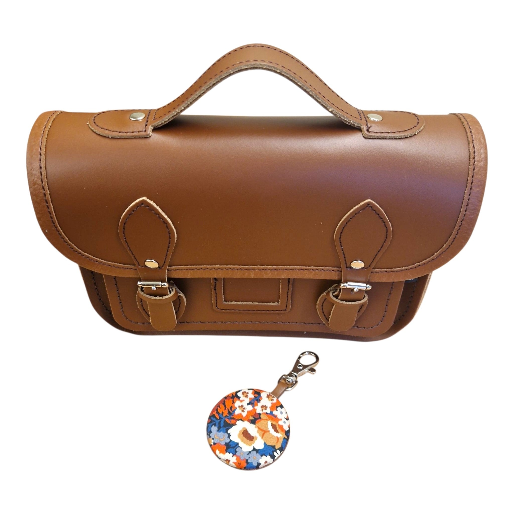 Floral Lined Leather Midi Satchel - Chestnut