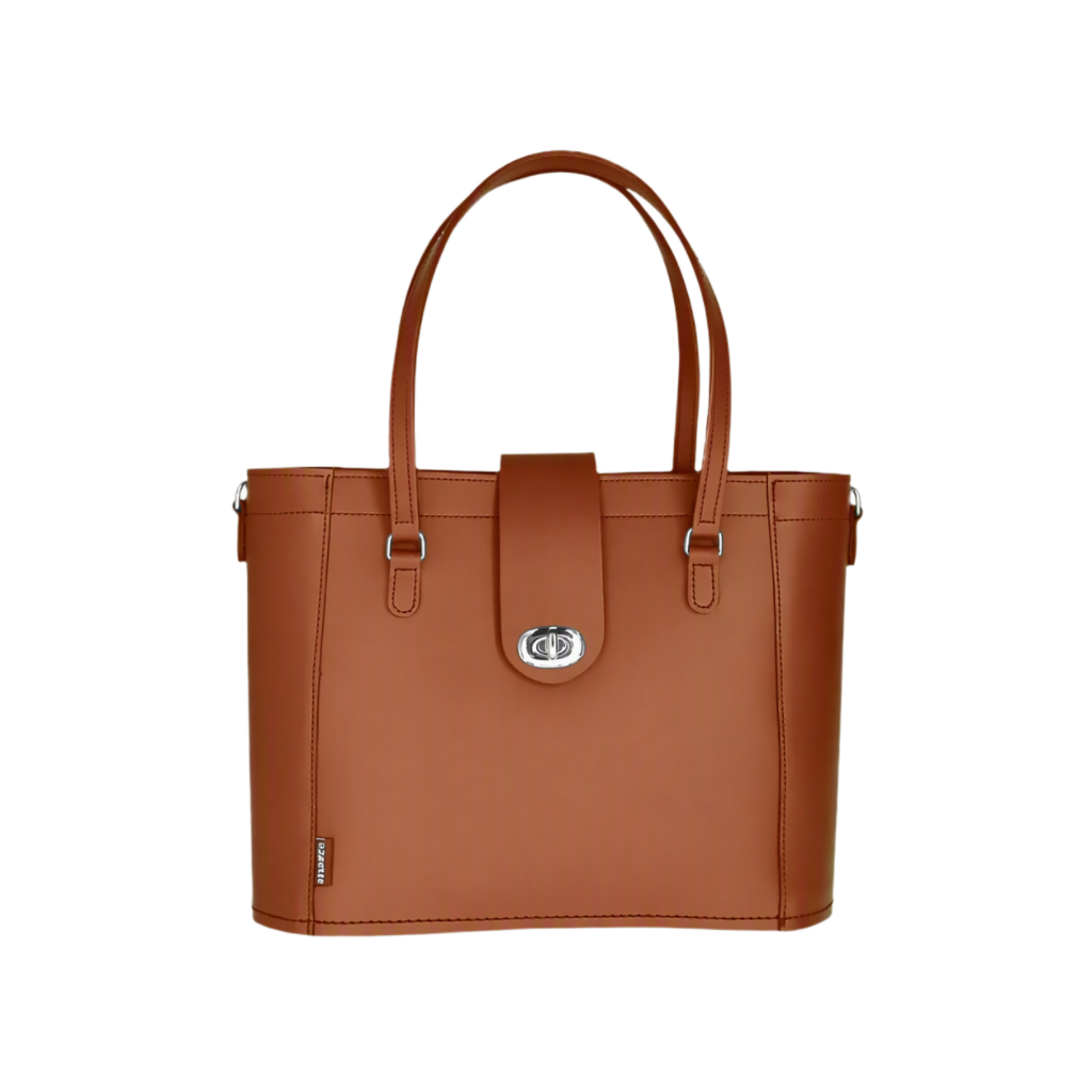 A structured tan leather tote bag with double top handles, a front flap closure, and silver-tone hardware, shown against a plain white background.
