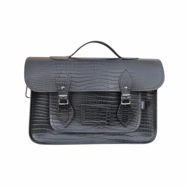 Leather 14.5'' Mock Croc Satchel - Black - In Stock & Ready to Ship