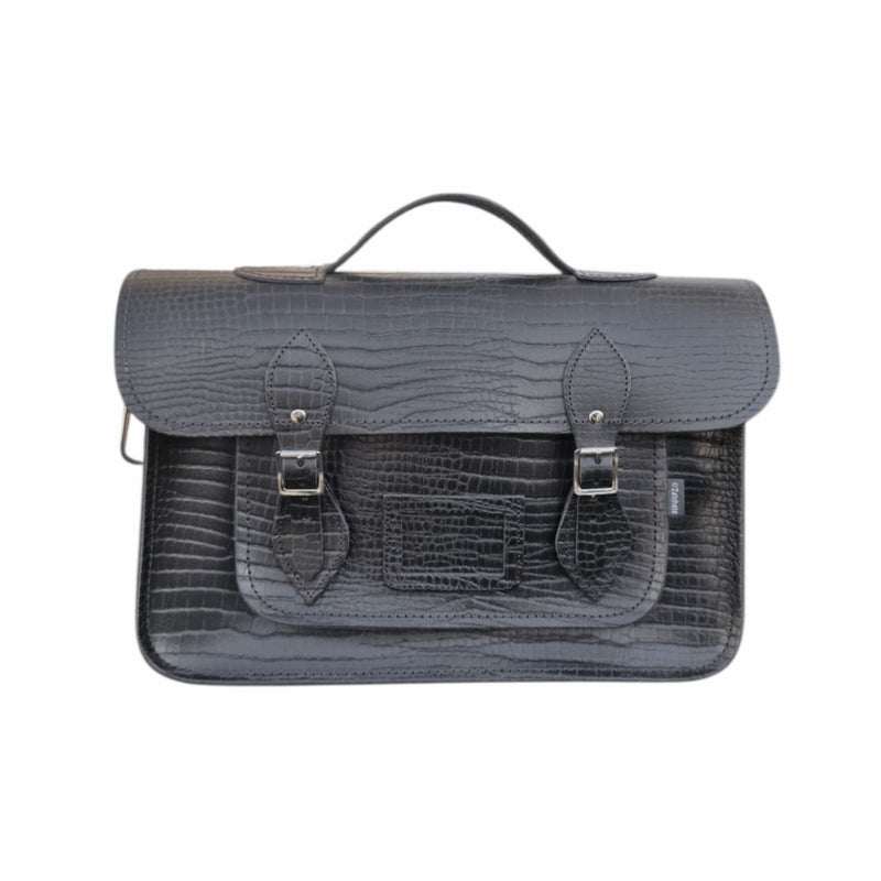 Leather 14.5'' Mock Croc Satchel - Black - In Stock & Ready to Ship
