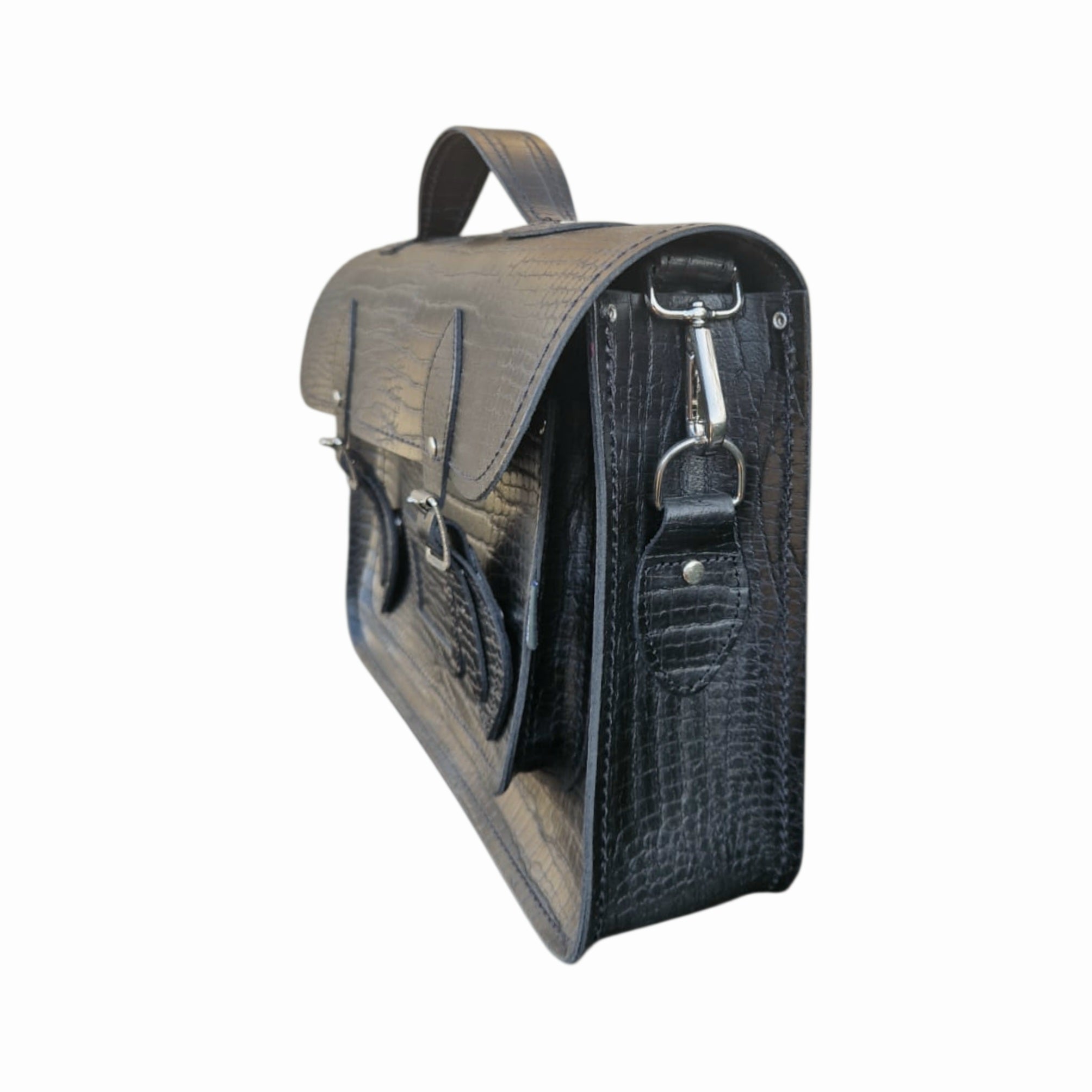 Leather 14.5'' Mock Croc Satchel - Black - In Stock & Ready to Ship