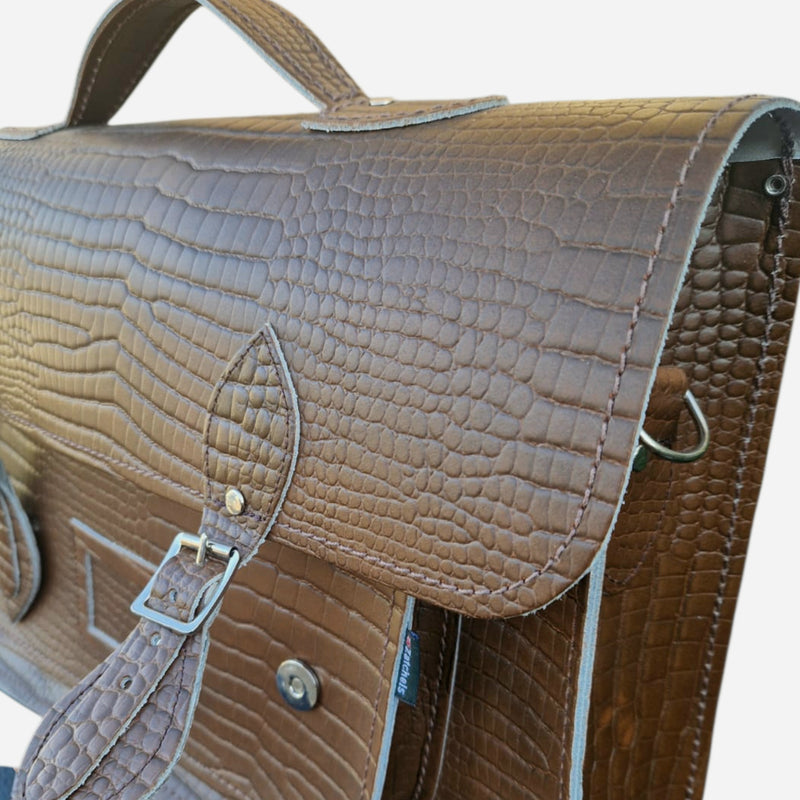 Leather 16'' Mock Croc Satchel - Tan - In Stock & Ready to Ship