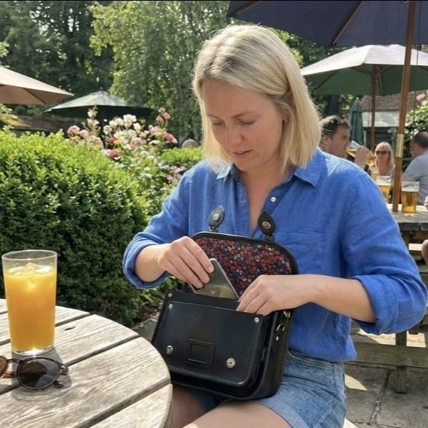 Floral Lined Leather Midi Satchel - Navy