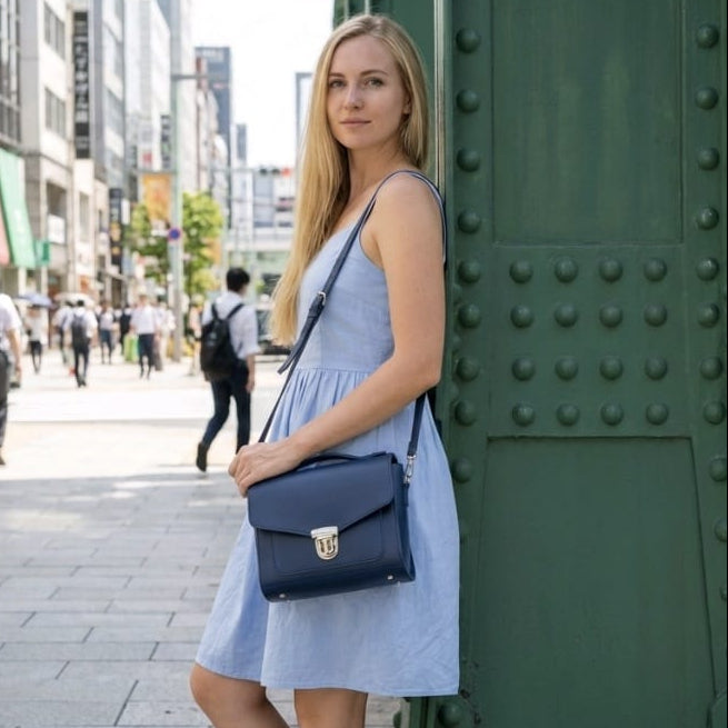 Handmade Leather Sugarcube Handbag - Navy