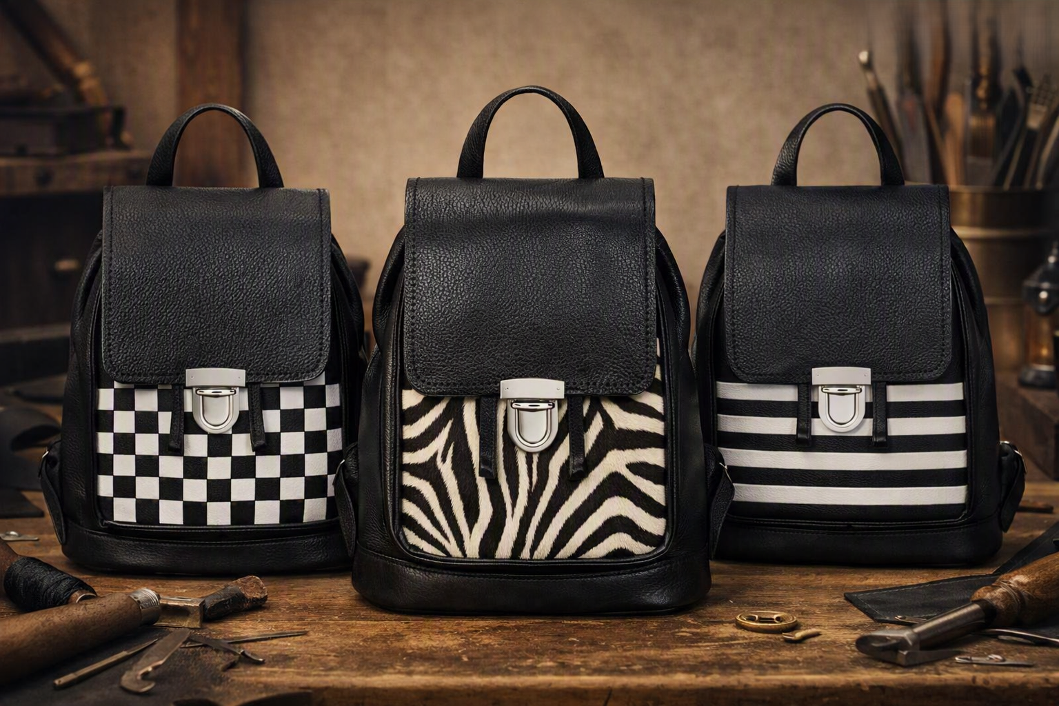 workbench featuring three black and white themed leather backpacks zebra checkerboard and striped with leather working tools