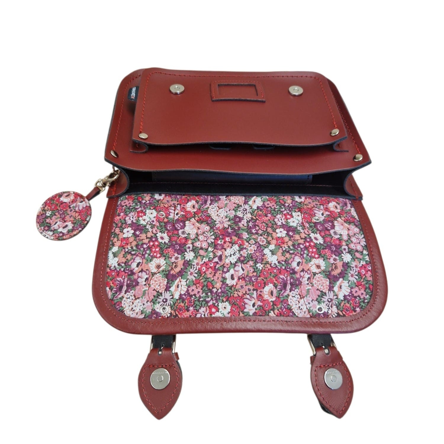 Floral Lined Leather Midi Satchel - Oxblood