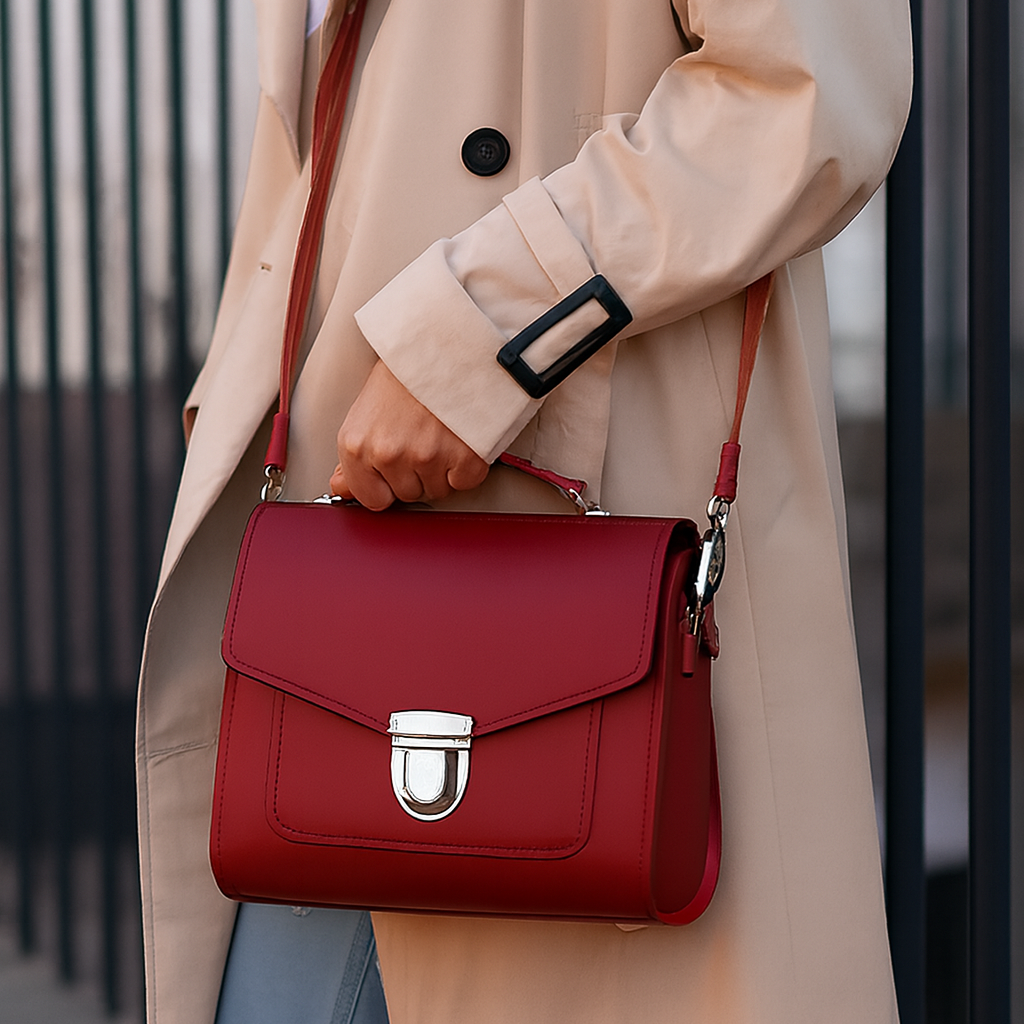 large red handbag worn by female holding top handle and crossbody style