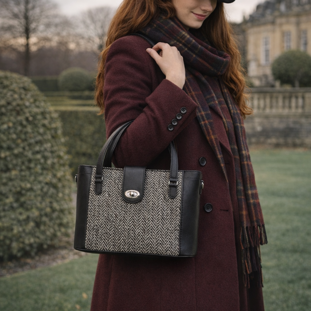 Tannery Tweed & Leather Mini Twist Lock Shopper Bag - Black