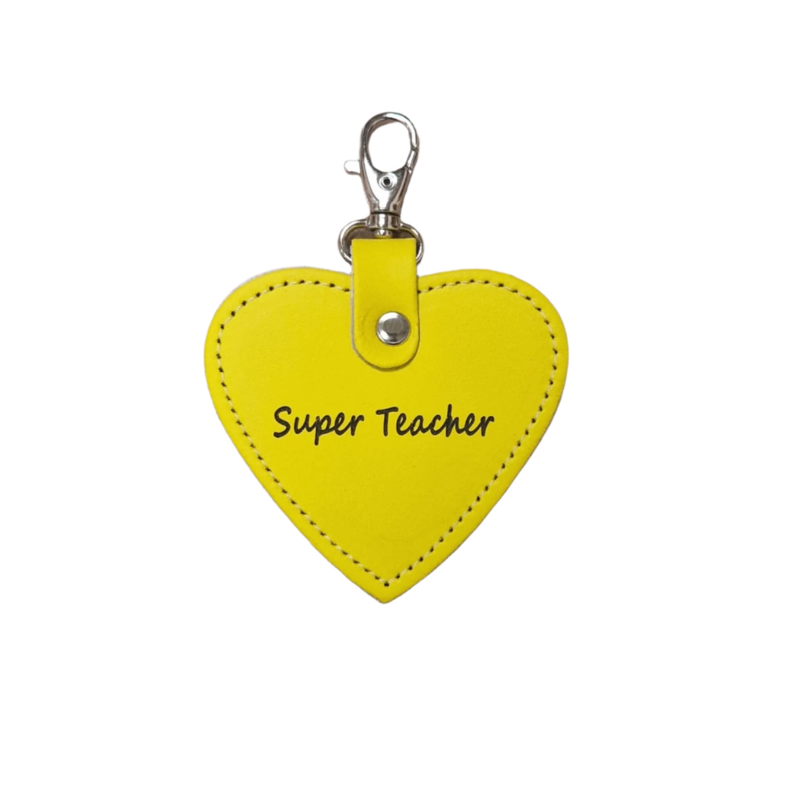 Yellow heart-shaped keychain with 'Super Teacher' text on a beige background