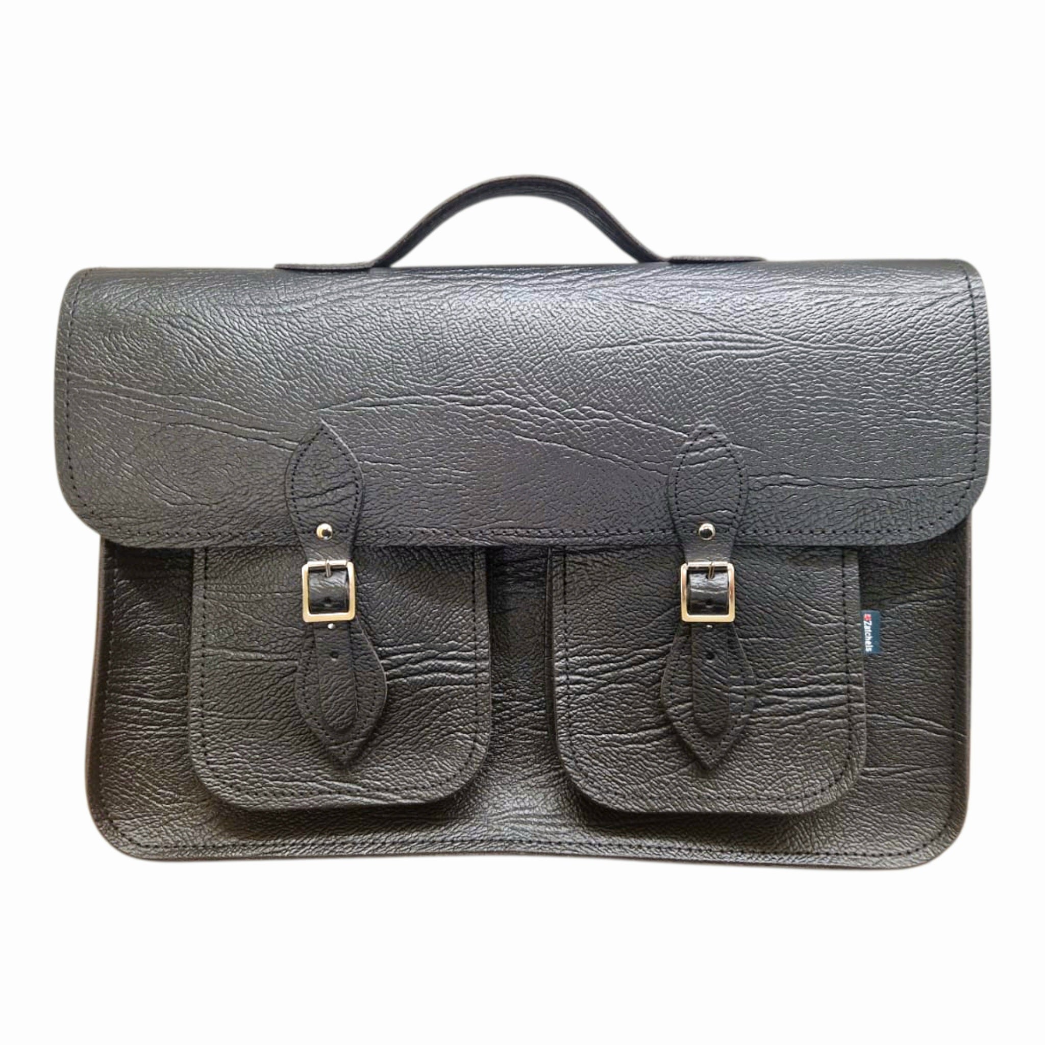 Twin Pocket Textured 17''  Leather Satchel - Black - In Stock & Ready to Ship