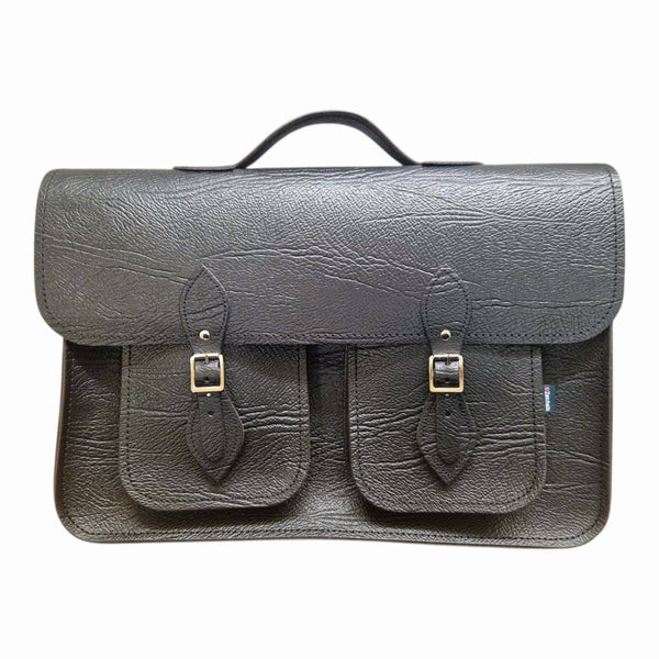 Twin Pocket Textured 17''  Leather Satchel - Black - In Stock & Ready to Ship