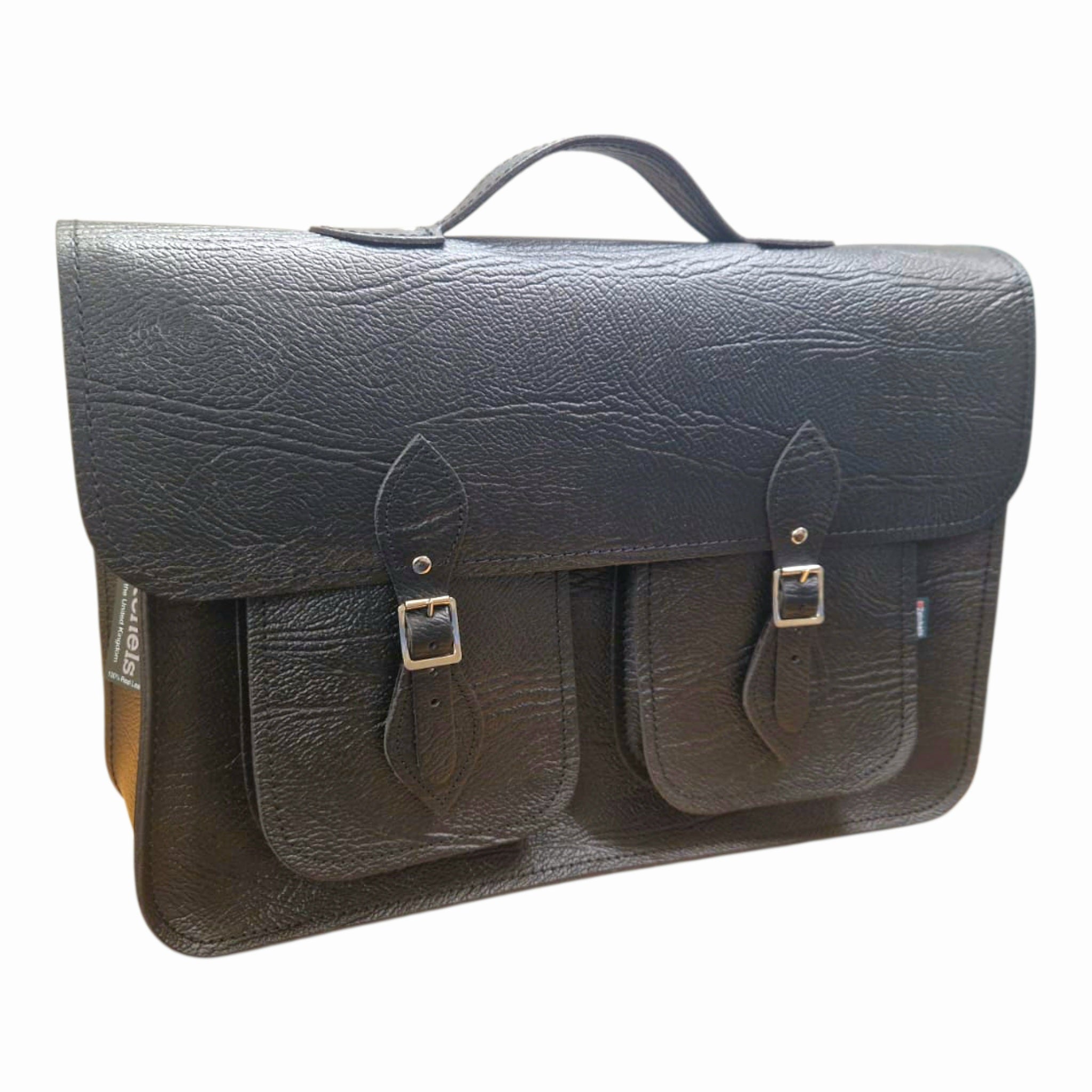 Twin Pocket Textured 17''  Leather Satchel - Black - In Stock & Ready to Ship