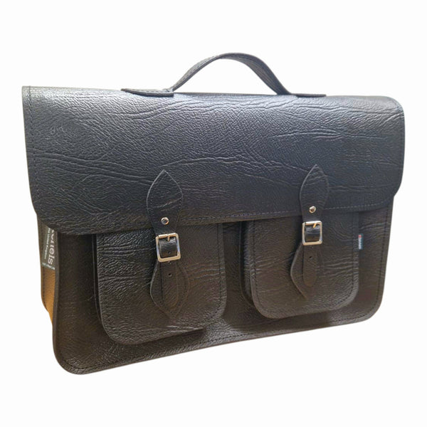 Twin Pocket Textured 17''  Leather Satchel - Black - In Stock & Ready to Ship