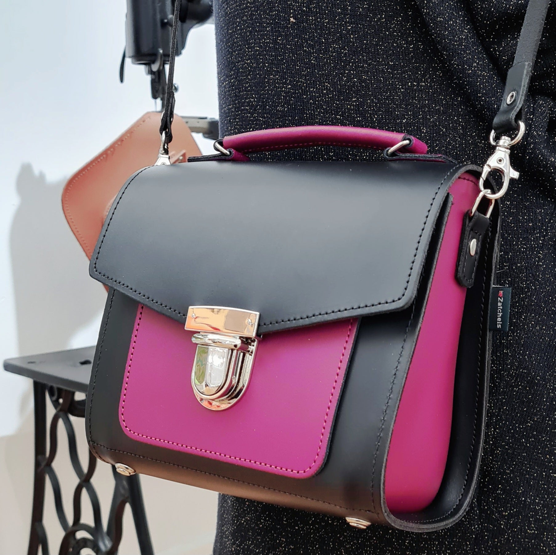 Handmade Leather Two Tone Sugarcube Handbag - Black & Magenta