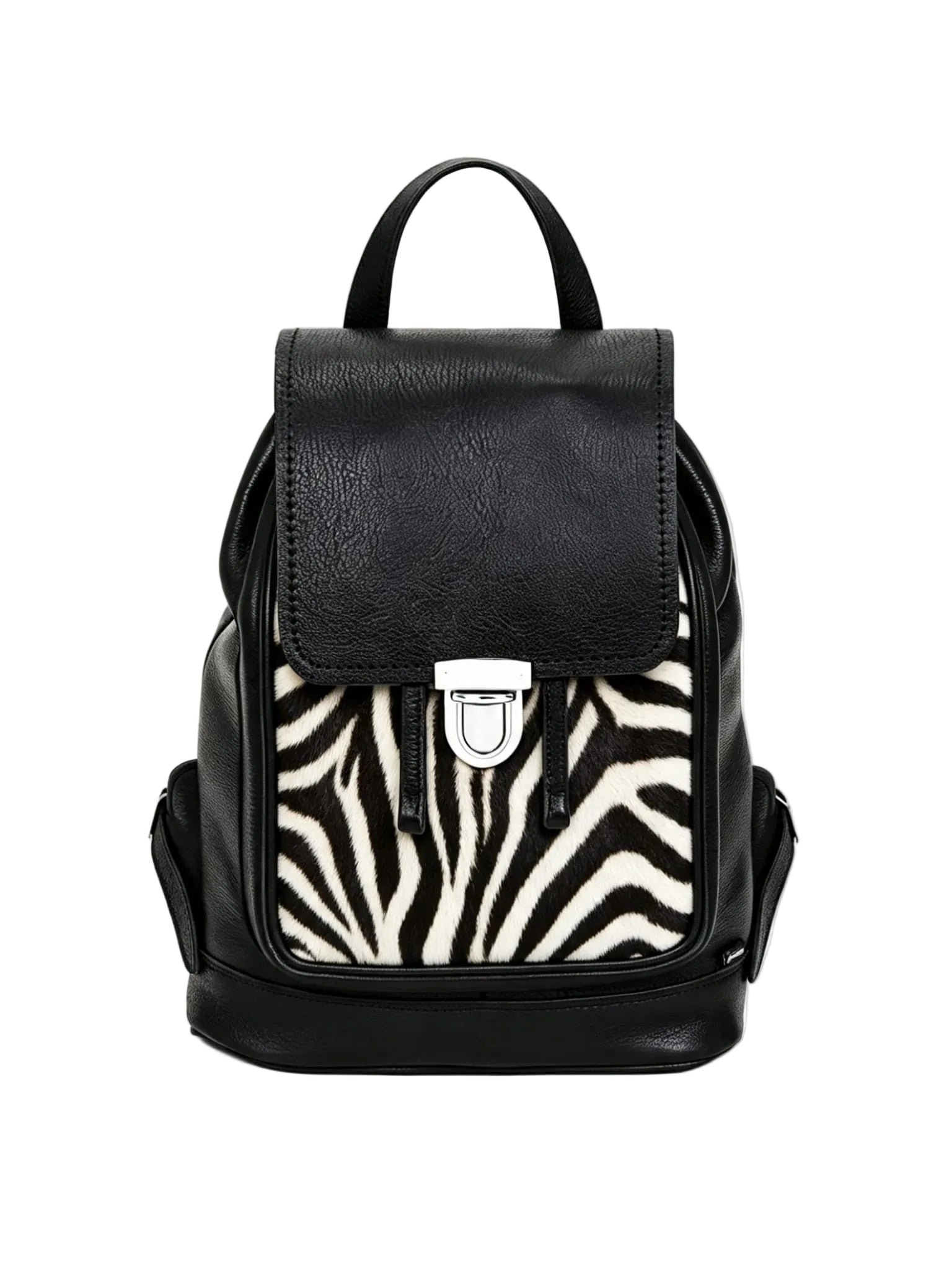a black leather backpack with a zebra print patterned front on a plain white background