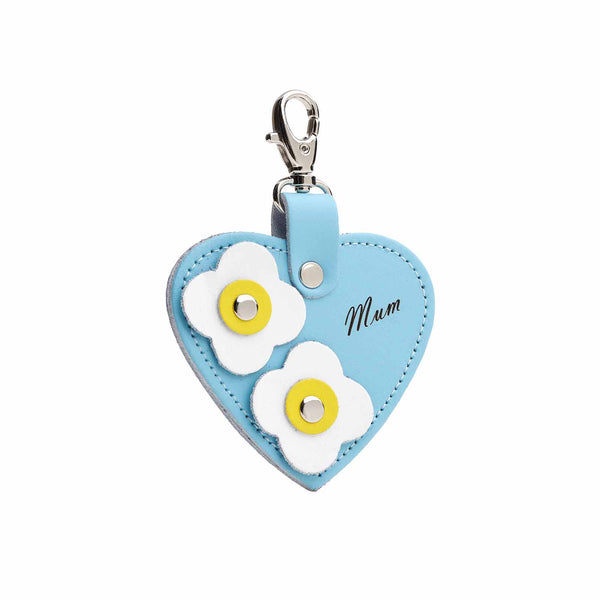 Love heart bag charm - with 'Mum' engraving and flower appliques - Pastel Blue