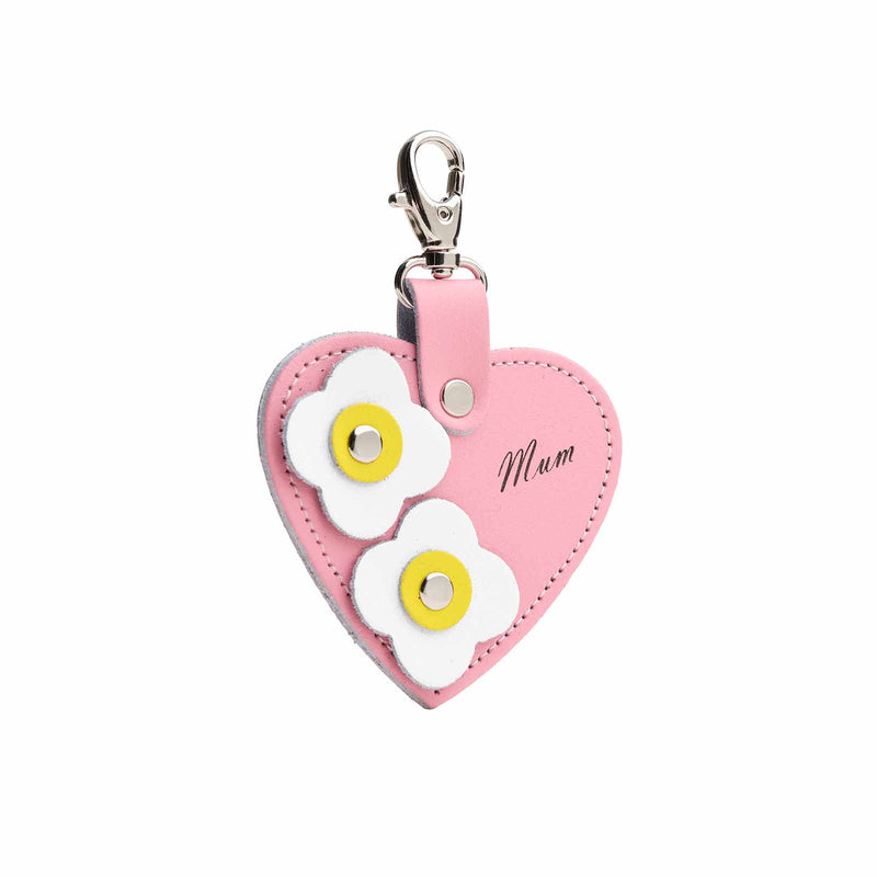 Love heart bag charm - with 'Mum' engraving and flower appliques - Pastel Pink