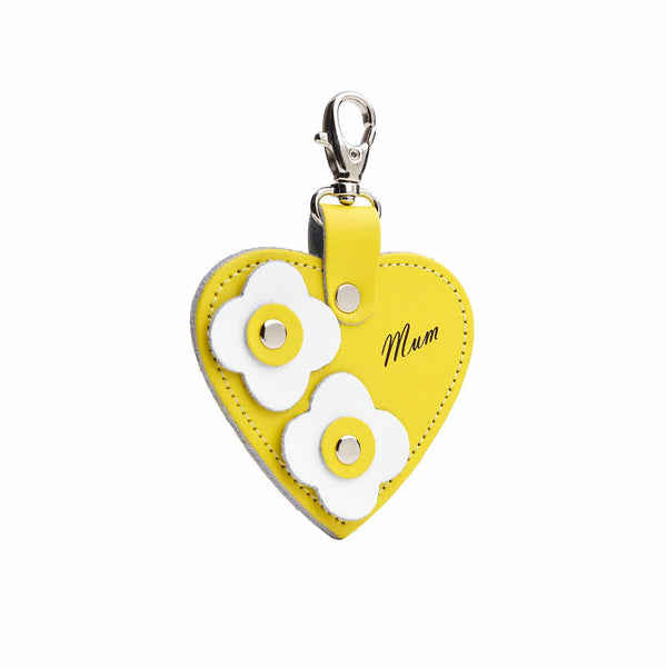 Love heart bag charm - with 'Mum' engraving and flower appliques - Pastel Yellow