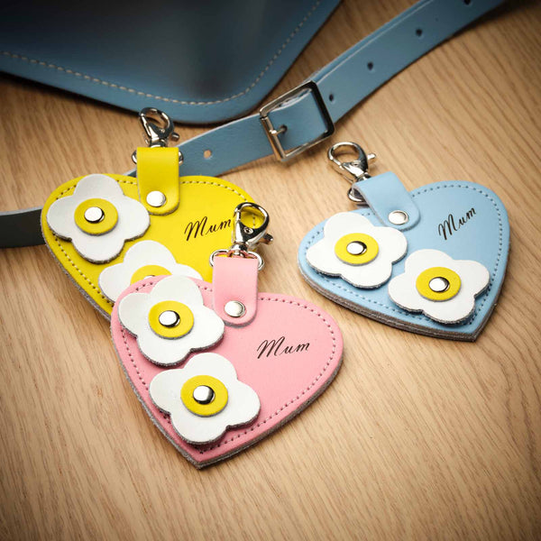 Love heart bag charm - with 'Mum' engraving and flower appliques - Pastel Yellow