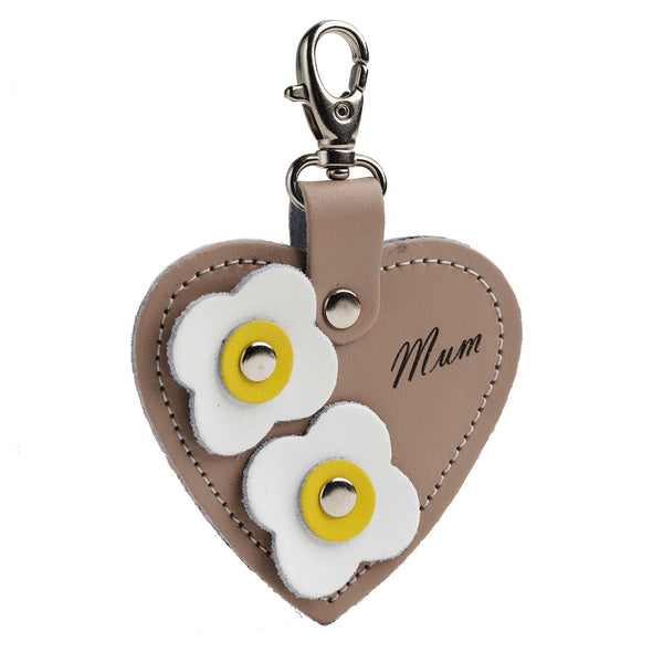 Love heart bag charm - with 'Mum' engraving and flower appliques - Iced Coffee